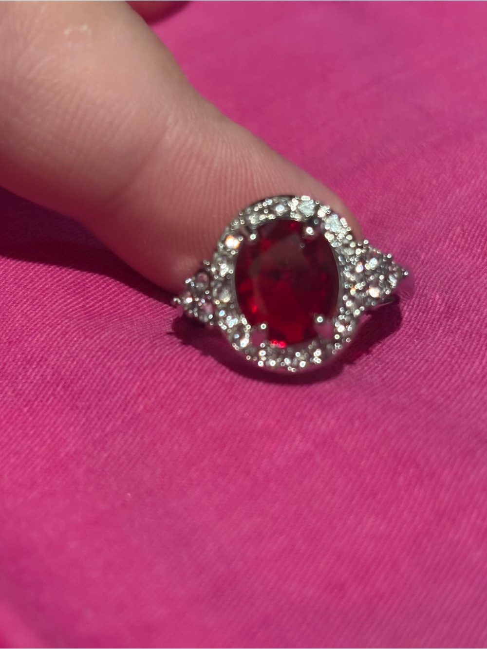 Size 7 Red Oval Halo Ring with Clear Accents - Women Jewelry